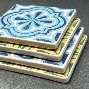 Set of 4 Blue & Green Mediterranean At Home Procurement Drink Coasters Mandala